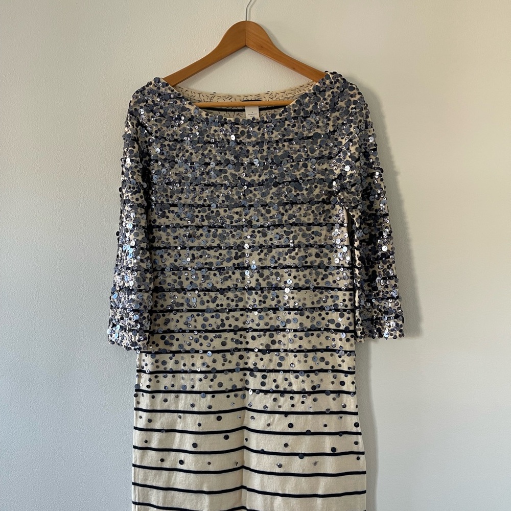 J. Crew SMALL Merino Wool Confetti Sequin Striped Dress - White and Navy